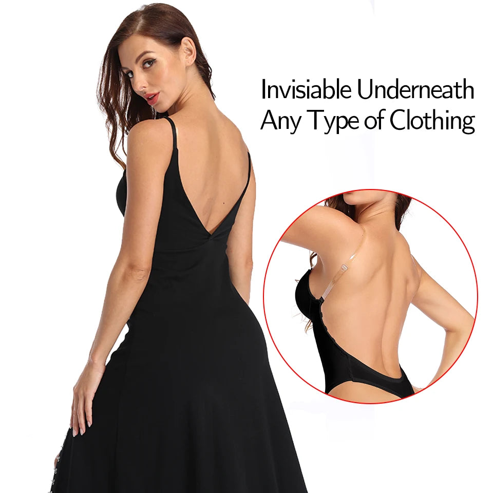 Deep V Invisible Shaper Bra Bodysuit – Backless Thong Corset with Push-Up Padded Bra, Clear Straps & Waist Trainer Support