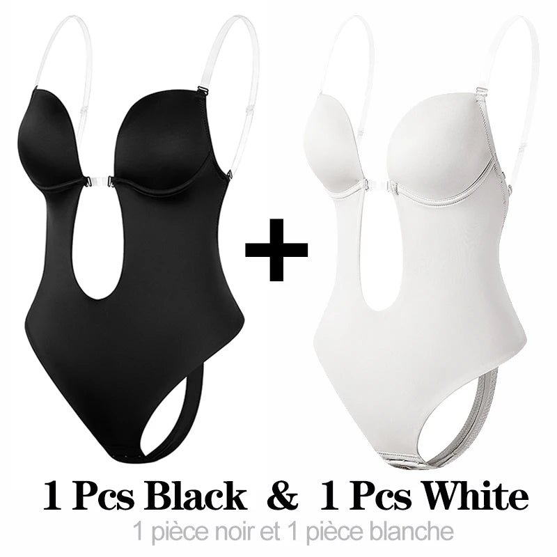 Deep V Invisible Shaper Bra Bodysuit – Backless Thong Corset with Push-Up Padded Bra, Clear Straps & Waist Trainer Support