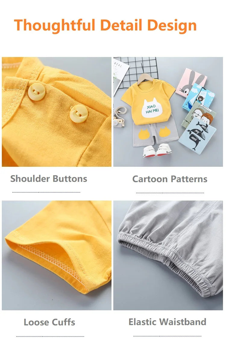 2-Piece Summer Cotton T-Shirt & Shorts Set for Toddlers – Unisex Cartoon Print Outfit