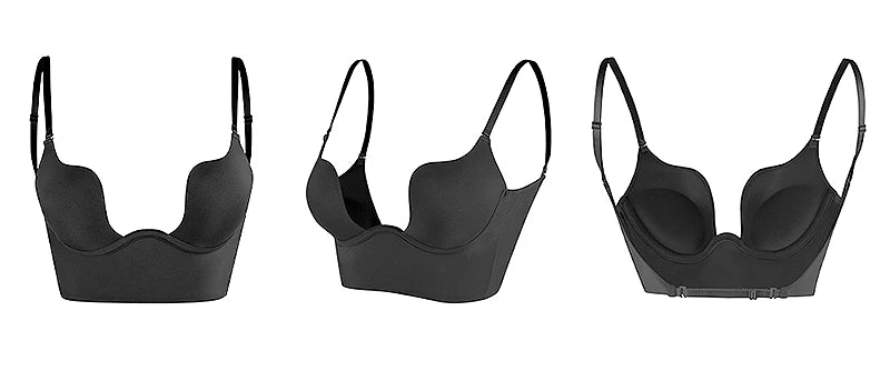 Deep V Invisible Shaper Bra Bodysuit – Backless Thong Corset with Push-Up Padded Bra, Clear Straps & Waist Trainer Support