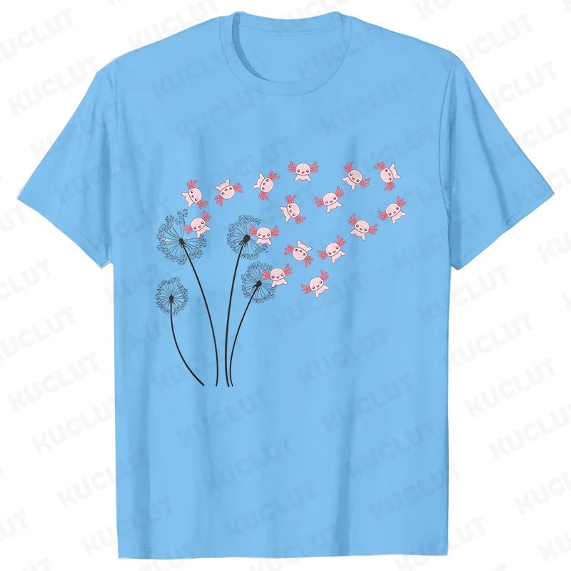 Dandelion Axolotl Flower T-Shirt – Whimsical Nature Meets Cute Charm