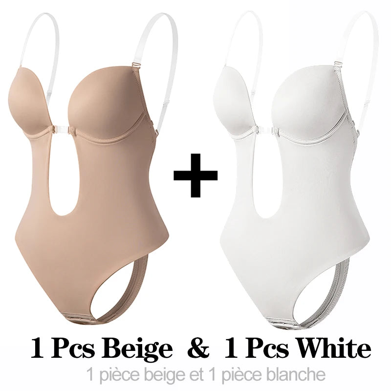 Deep V Invisible Shaper Bra Bodysuit – Backless Thong Corset with Push-Up Padded Bra, Clear Straps & Waist Trainer Support
