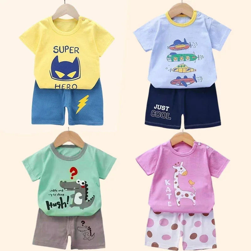 2-Piece Summer Cotton T-Shirt & Shorts Set for Toddlers – Unisex Cartoon Print Outfit
