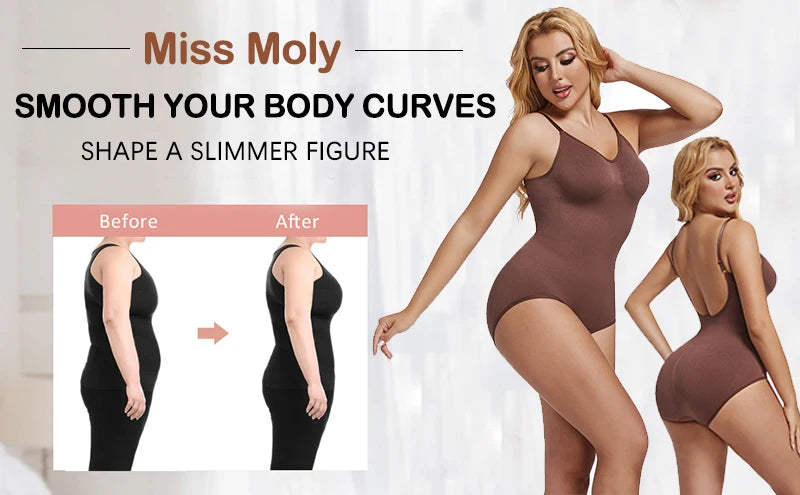 Low Back Bodysuit Shapewear for Women – Seamless Tummy Control Push-Up Body Shaper with Open Crotch & Adjustable Straps