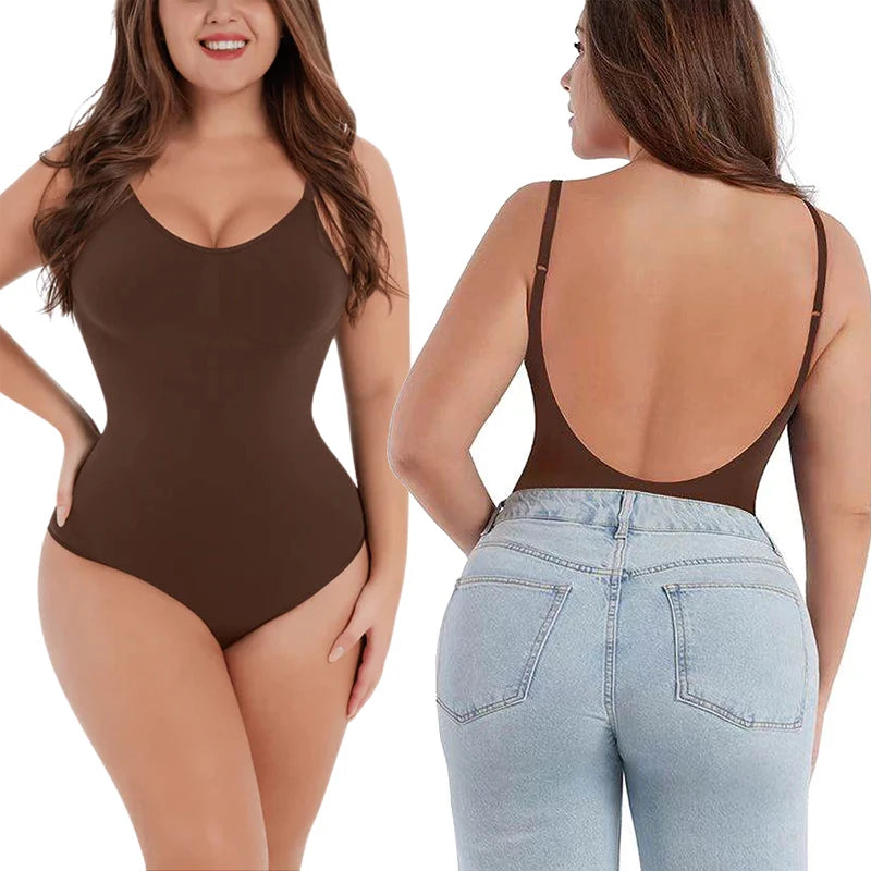 Deep V Invisible Shaper Bra Bodysuit – Backless Thong Corset with Push-Up Padded Bra, Clear Straps & Waist Trainer Support