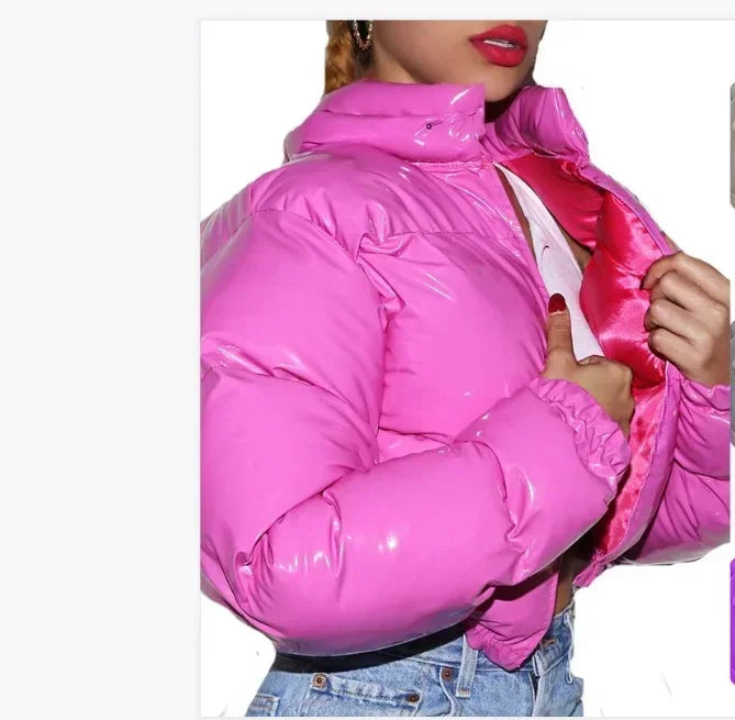 Glossy Short Puffer Jacket for Women – Cotton-Padded Zipper Coat | Casual Sexy Streetwear for Fall & Winter