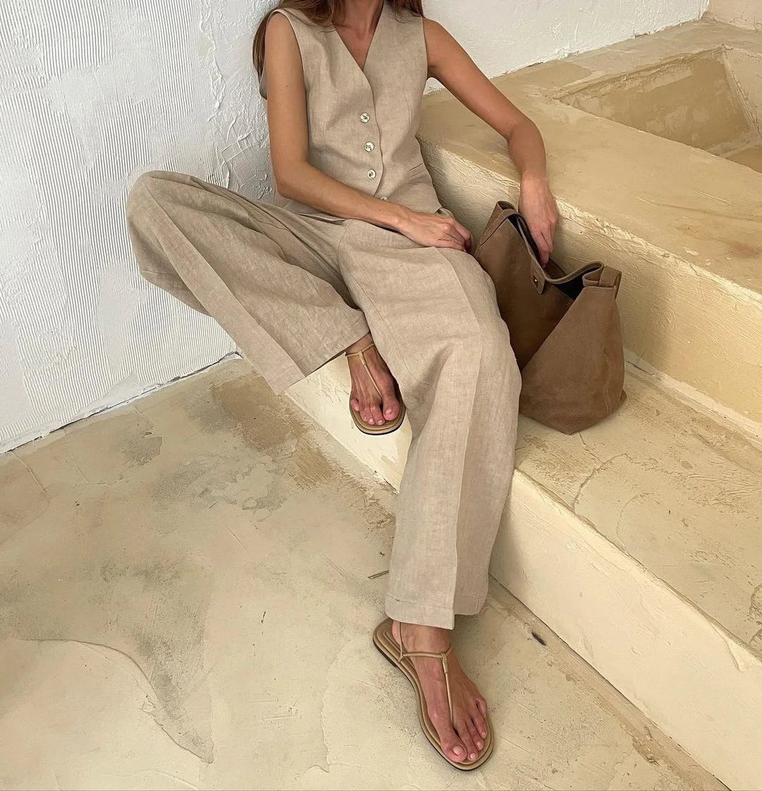 Linen Cotton Chic Vest & Pants Suit Two-Piece Set