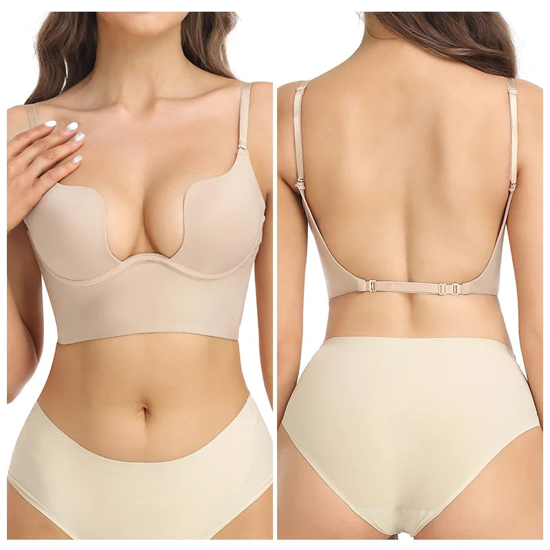 Deep V Invisible Shaper Bra Bodysuit – Backless Thong Corset with Push-Up Padded Bra, Clear Straps & Waist Trainer Support
