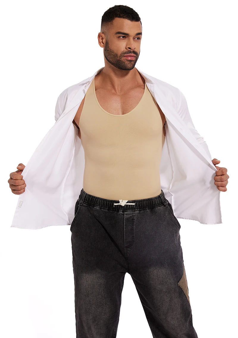 Men’s Sleeveless Full Body Shaper – Compression Bodysuit with Tummy Control & Thigh Slimming | Seamless Shapewear with Open Crotch