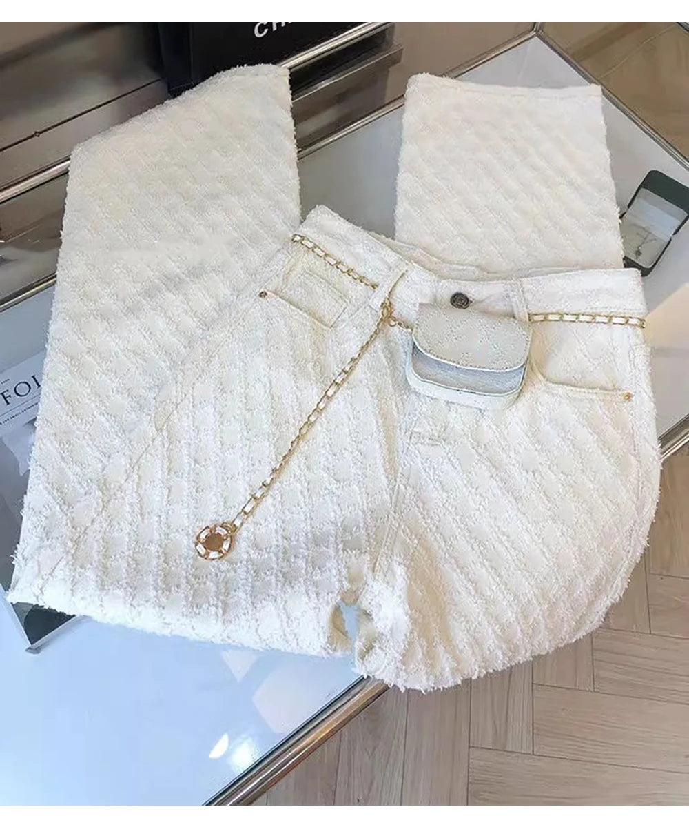 White Plaid Straight Loose Pants
