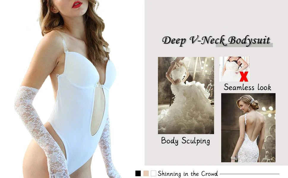 Deep V Invisible Shaper Bra Bodysuit – Backless Thong Corset with Push-Up Padded Bra, Clear Straps & Waist Trainer Support