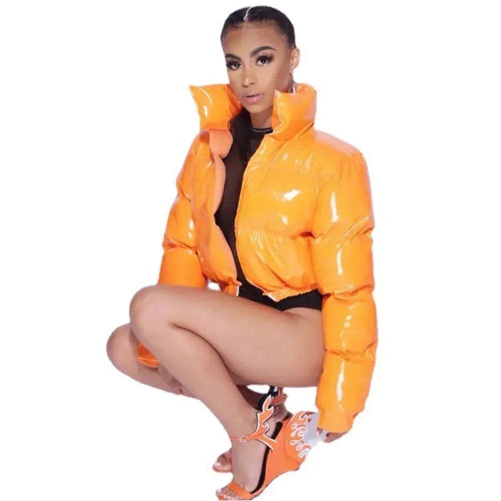 Glossy Short Puffer Jacket for Women – Cotton-Padded Zipper Coat | Casual Sexy Streetwear for Fall & Winter