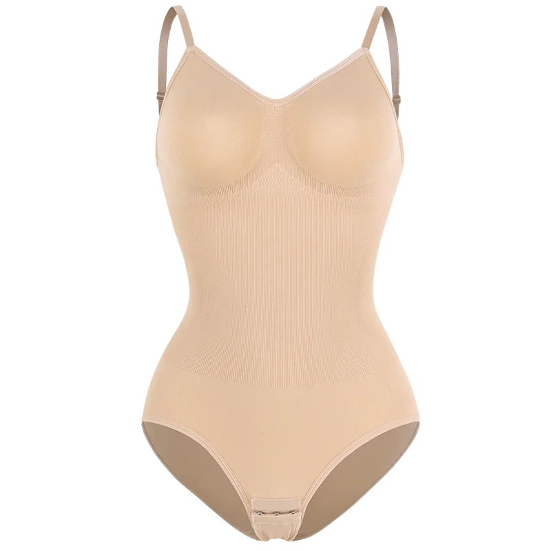 Low Back Bodysuit Shapewear for Women – Seamless Tummy Control Push-Up Body Shaper with Open Crotch & Adjustable Straps