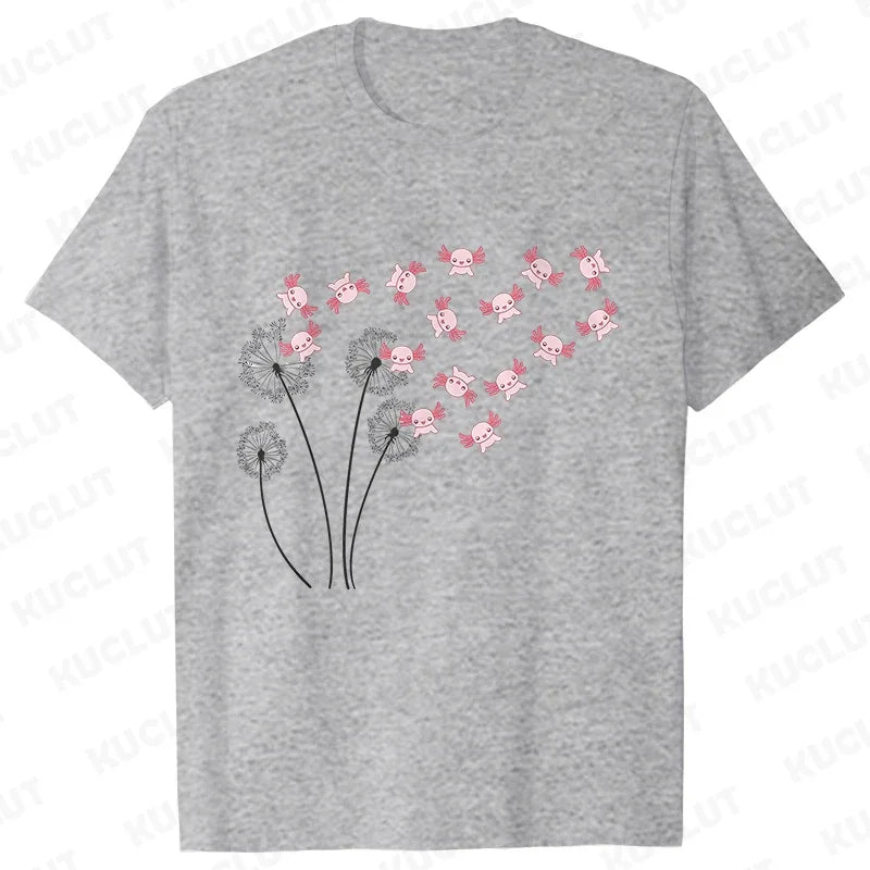Dandelion Axolotl Flower T-Shirt – Whimsical Nature Meets Cute Charm