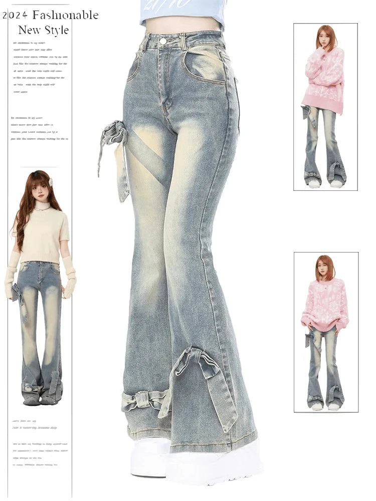 Vintage Bow Denim Flare Pants