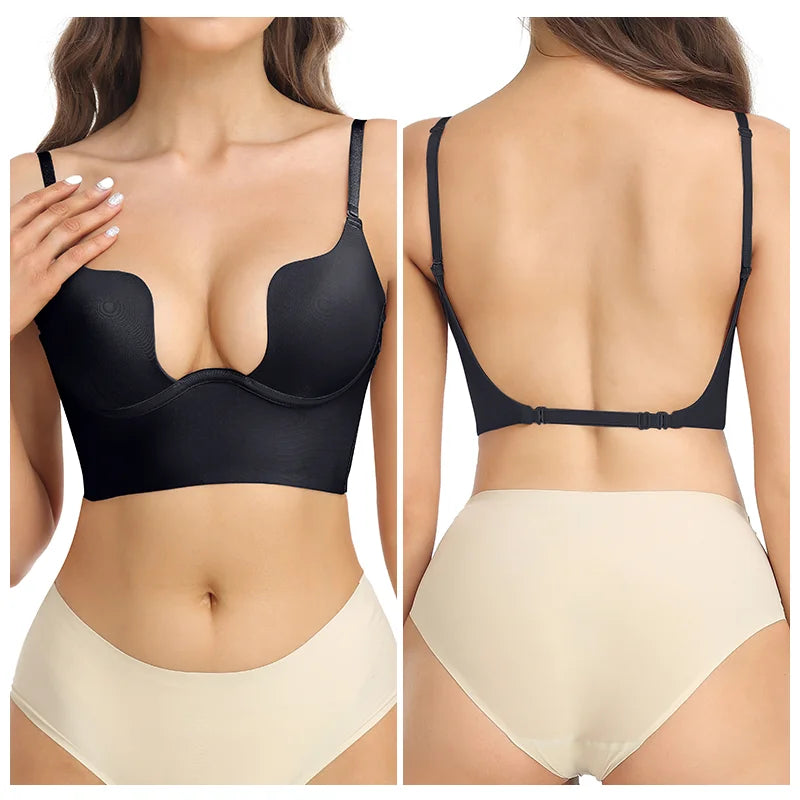 Deep V Invisible Shaper Bra Bodysuit – Backless Thong Corset with Push-Up Padded Bra, Clear Straps & Waist Trainer Support