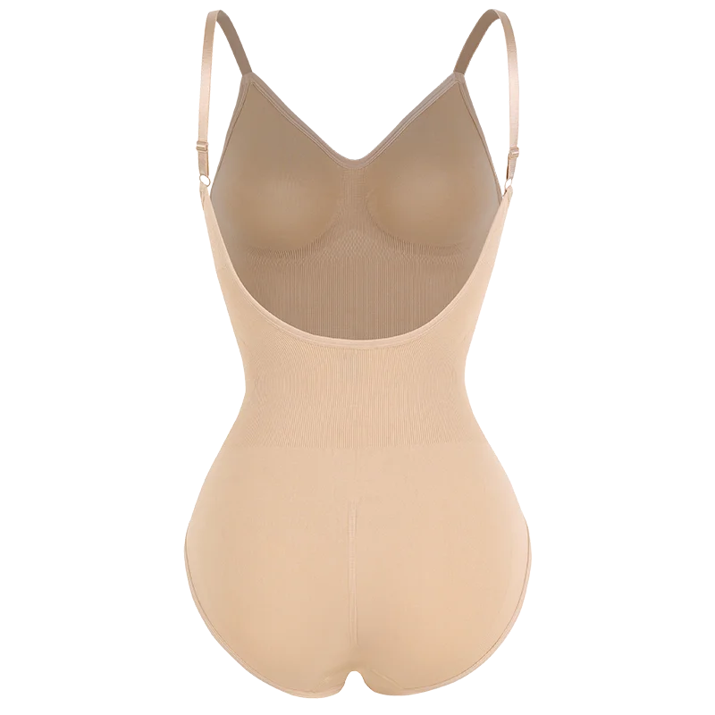 Low Back Bodysuit Shapewear for Women – Seamless Tummy Control Push-Up Body Shaper with Open Crotch & Adjustable Straps