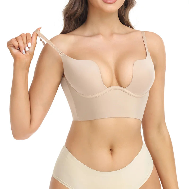 Deep V Invisible Shaper Bra Bodysuit – Backless Thong Corset with Push-Up Padded Bra, Clear Straps & Waist Trainer Support