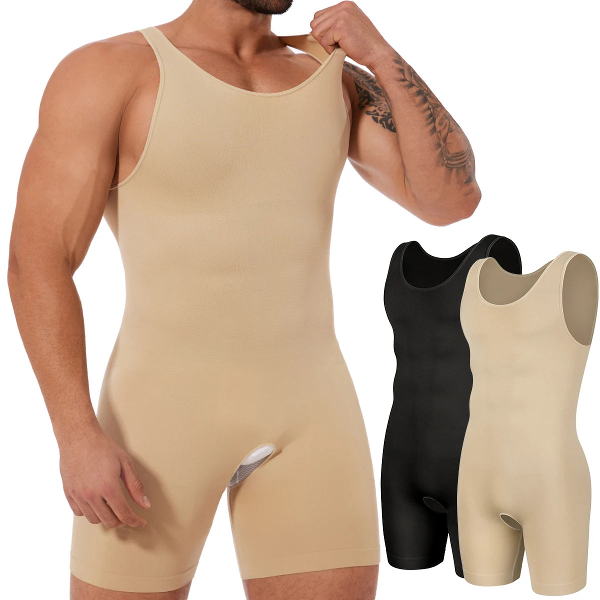 Men’s Sleeveless Full Body Shaper – Compression Bodysuit with Tummy Control & Thigh Slimming | Seamless Shapewear with Open Crotch