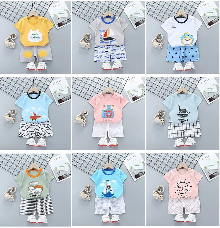 2-Piece Summer Cotton T-Shirt & Shorts Set for Toddlers – Unisex Cartoon Print Outfit