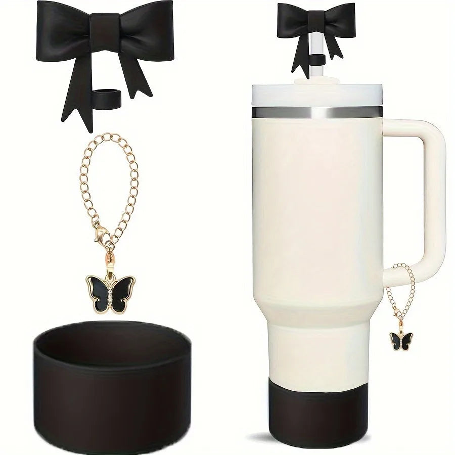 3Pcs Bow Straw Cap Covers & Toppers – Cute Silicone Accessories for Stanley Cups