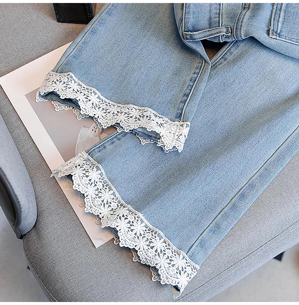 Fashion Lace Edge Blue Jeans