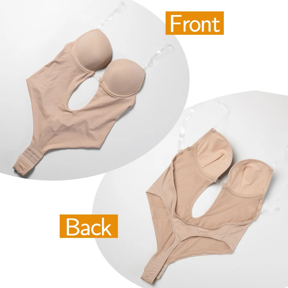 Deep V Invisible Shaper Bra Bodysuit – Backless Thong Corset with Push-Up Padded Bra, Clear Straps & Waist Trainer Support