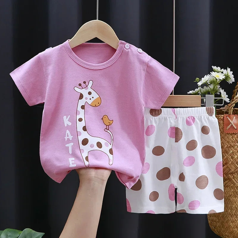 2-Piece Summer Cotton T-Shirt & Shorts Set for Toddlers – Unisex Cartoon Print Outfit