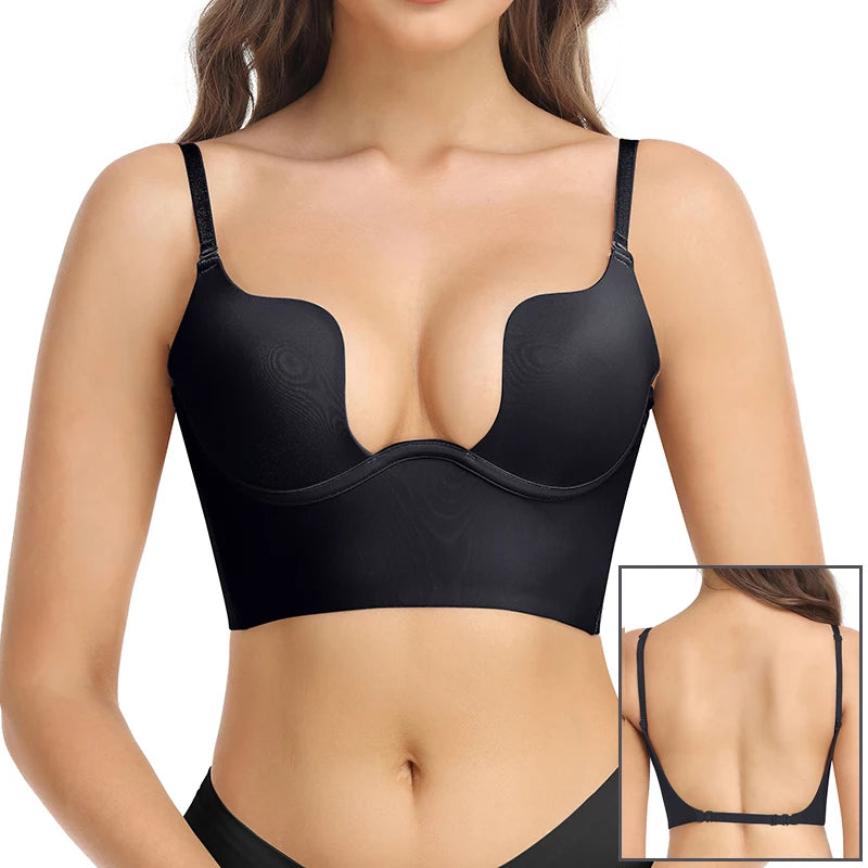 Deep V Invisible Shaper Bra Bodysuit – Backless Thong Corset with Push-Up Padded Bra, Clear Straps & Waist Trainer Support