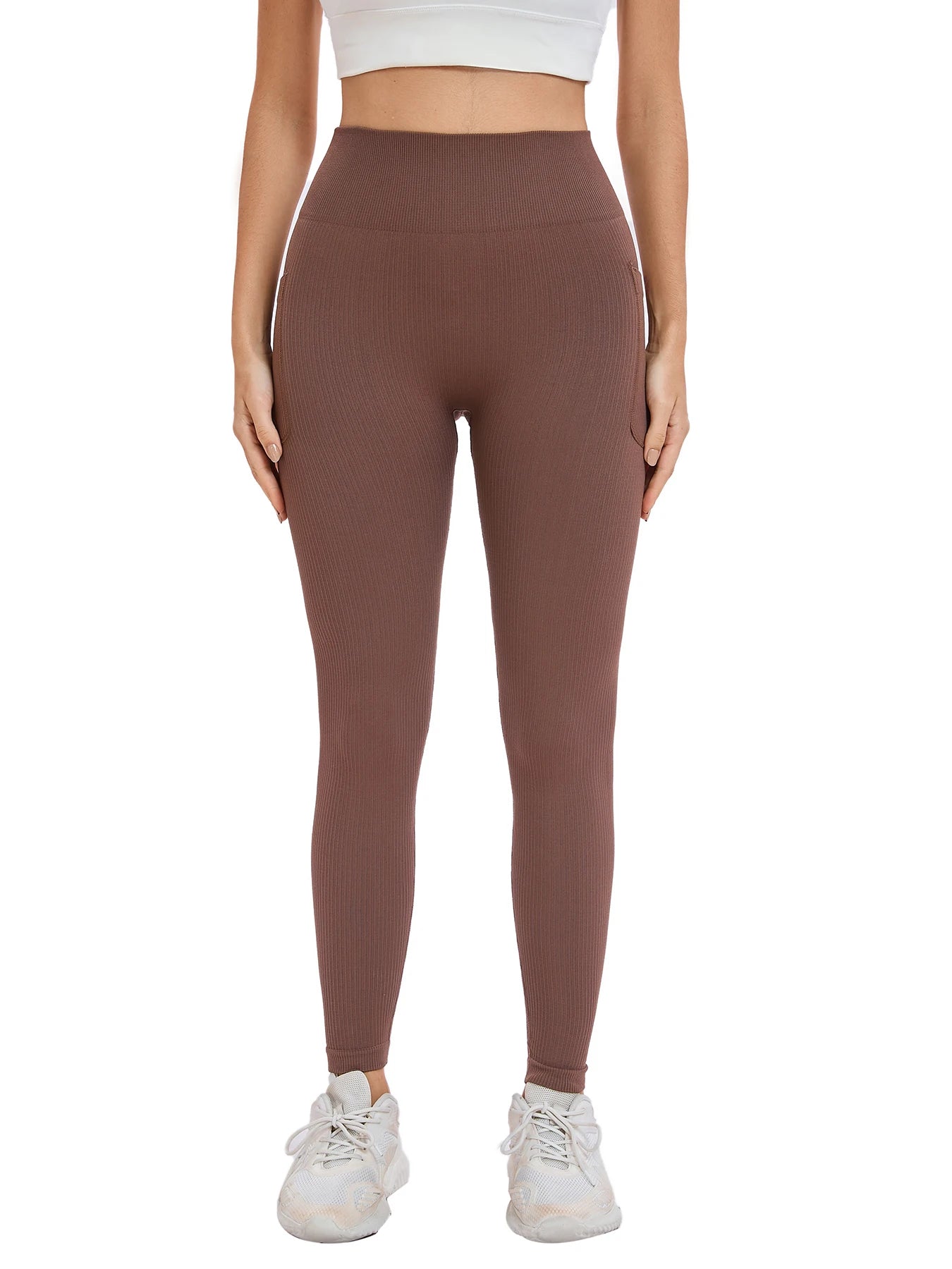 Women’s Seamless Threaded High-Waist Yoga Leggings – Ankle-Length Fitness Pants with Pockets | Stretch Knit Workout Wear