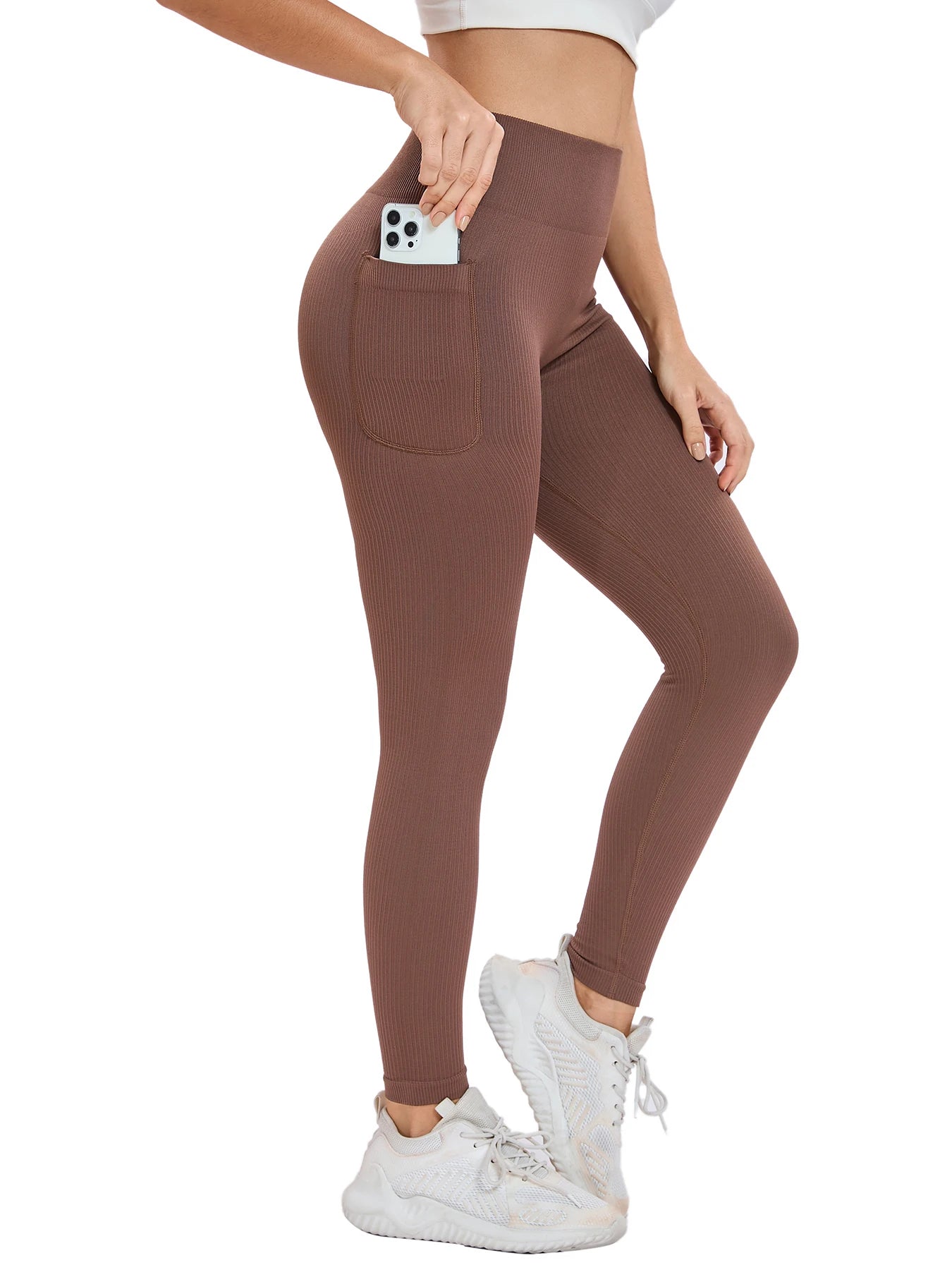 Women’s Seamless Threaded High-Waist Yoga Leggings – Ankle-Length Fitness Pants with Pockets | Stretch Knit Workout Wear