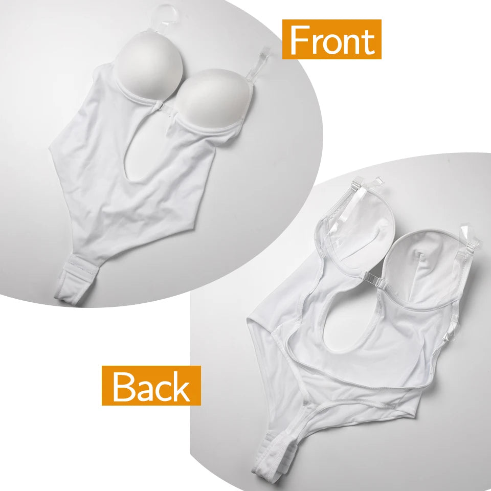 Deep V Invisible Shaper Bra Bodysuit – Backless Thong Corset with Push-Up Padded Bra, Clear Straps & Waist Trainer Support