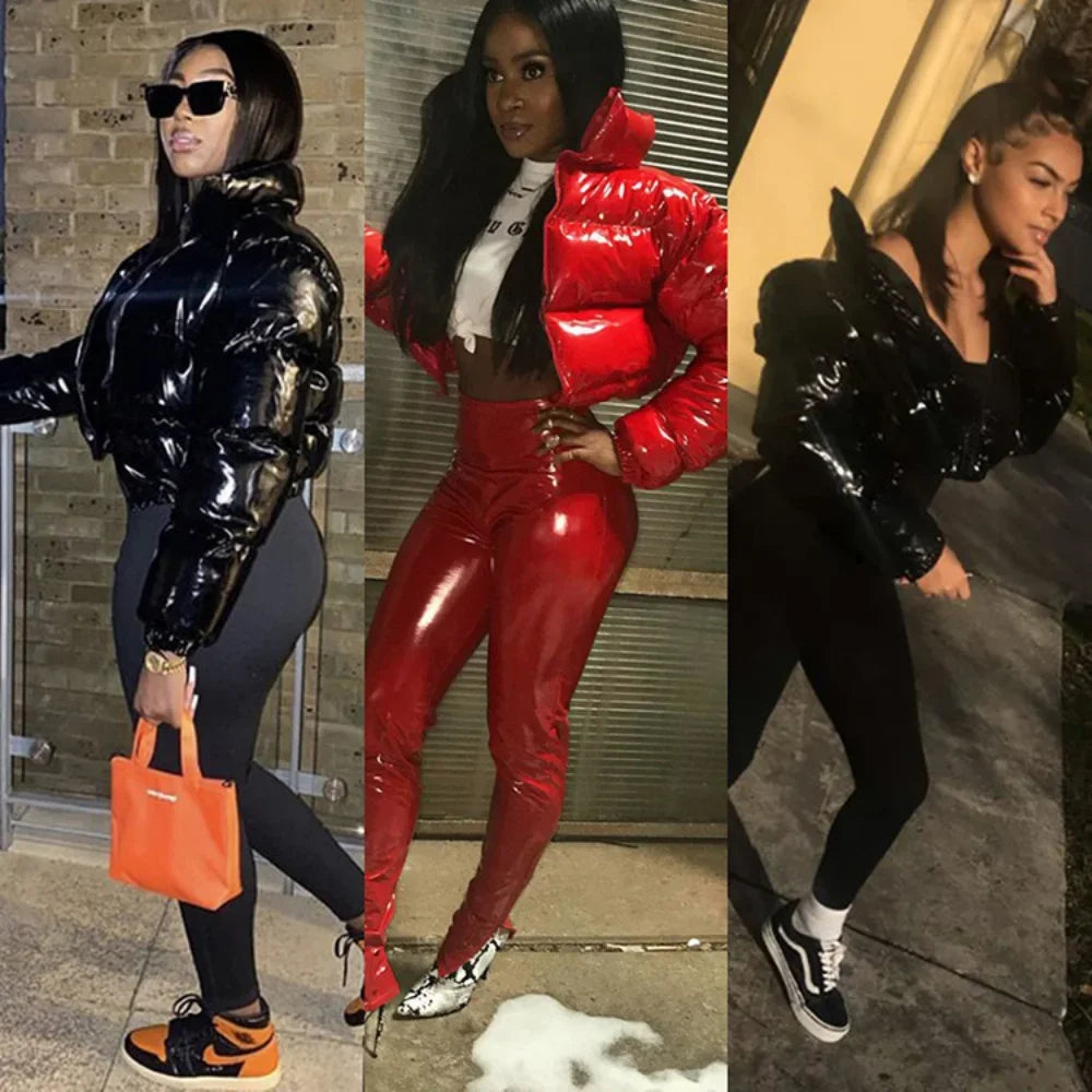 Glossy Short Puffer Jacket for Women – Cotton-Padded Zipper Coat | Casual Sexy Streetwear for Fall & Winter