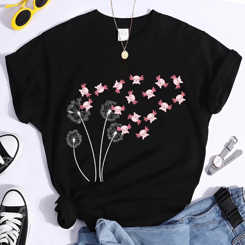 Dandelion Axolotl Flower T-Shirt – Whimsical Nature Meets Cute Charm