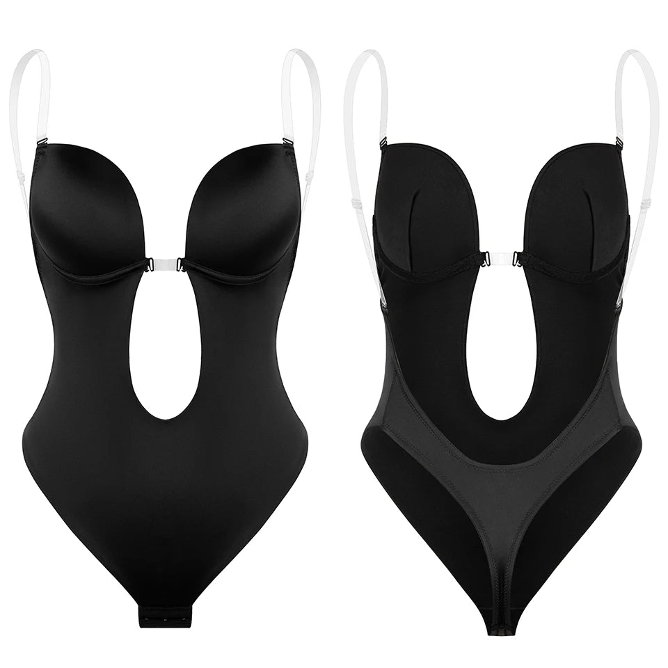 Deep V Invisible Shaper Bra Bodysuit – Backless Thong Corset with Push-Up Padded Bra, Clear Straps & Waist Trainer Support