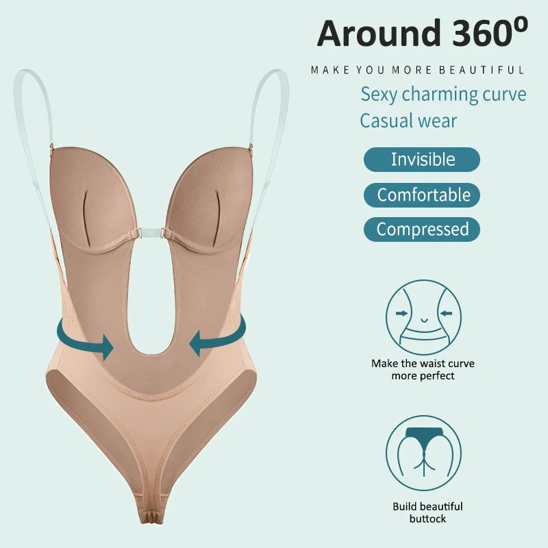 Deep V Invisible Shaper Bra Bodysuit – Backless Thong Corset with Push-Up Padded Bra, Clear Straps & Waist Trainer Support