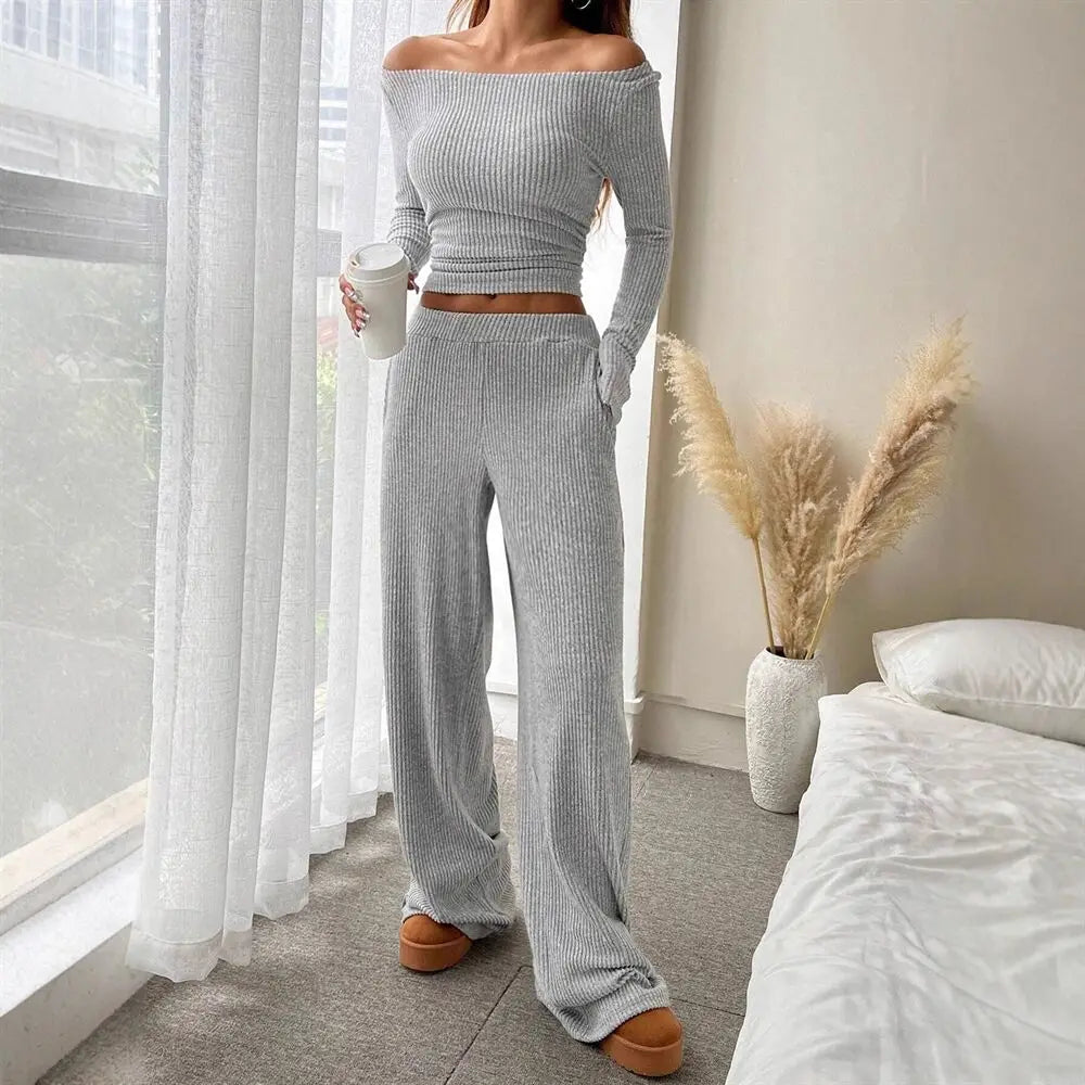Off Shoulder Long Sleeve Top Wide Leg Pants Set