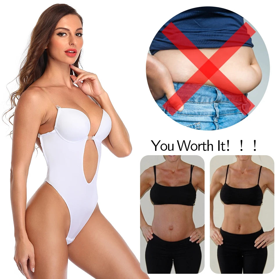 Deep V Invisible Shaper Bra Bodysuit – Backless Thong Corset with Push-Up Padded Bra, Clear Straps & Waist Trainer Support