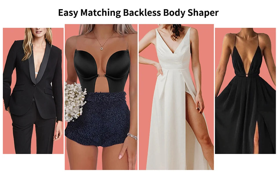 Deep V Invisible Shaper Bra Bodysuit – Backless Thong Corset with Push-Up Padded Bra, Clear Straps & Waist Trainer Support