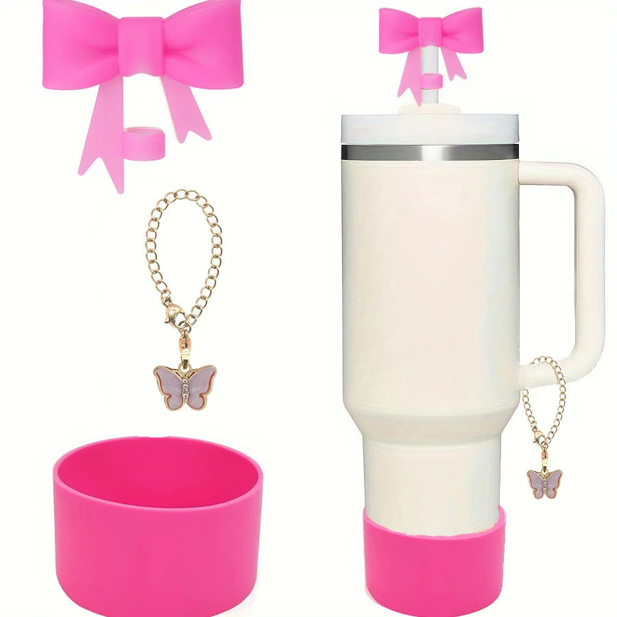 3Pcs Bow Straw Cap Covers & Toppers – Cute Silicone Accessories for Stanley Cups