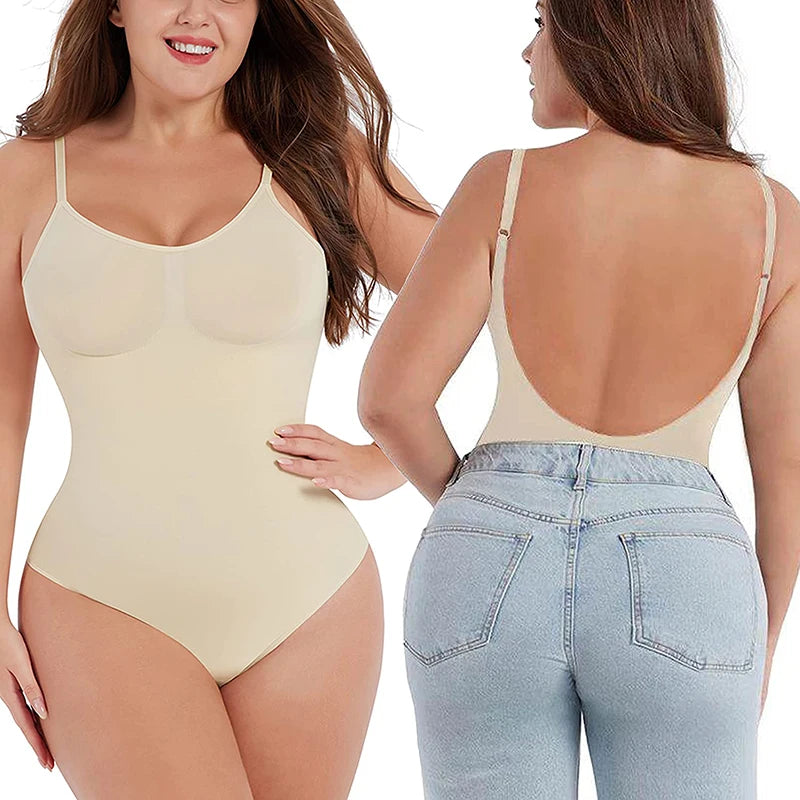 Deep V Invisible Shaper Bra Bodysuit – Backless Thong Corset with Push-Up Padded Bra, Clear Straps & Waist Trainer Support