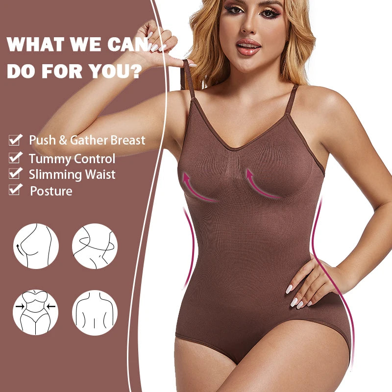 Low Back Bodysuit Shapewear for Women – Seamless Tummy Control Push-Up Body Shaper with Open Crotch & Adjustable Straps
