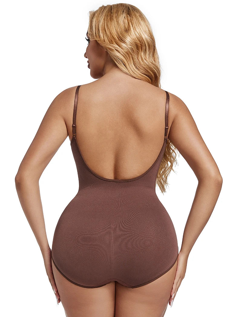 Low Back Bodysuit Shapewear for Women – Seamless Tummy Control Push-Up Body Shaper with Open Crotch & Adjustable Straps