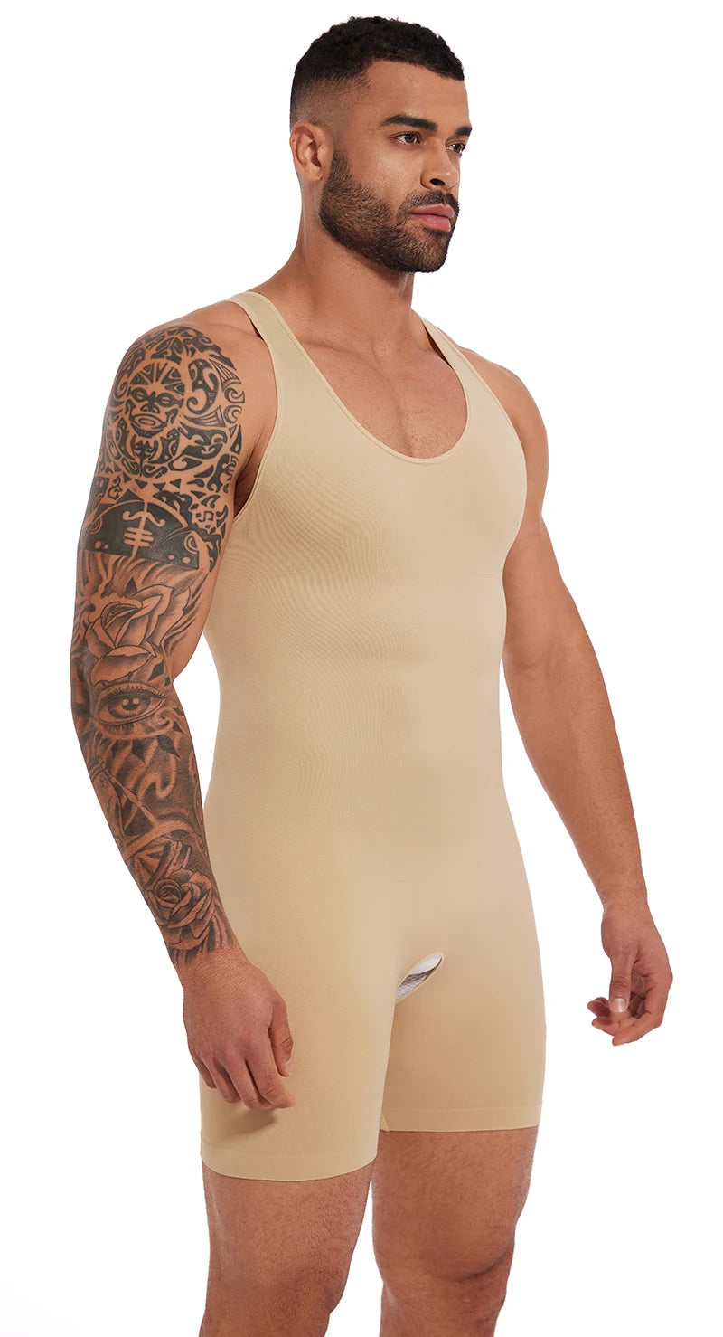 Men’s Sleeveless Full Body Shaper – Compression Bodysuit with Tummy Control & Thigh Slimming | Seamless Shapewear with Open Crotch
