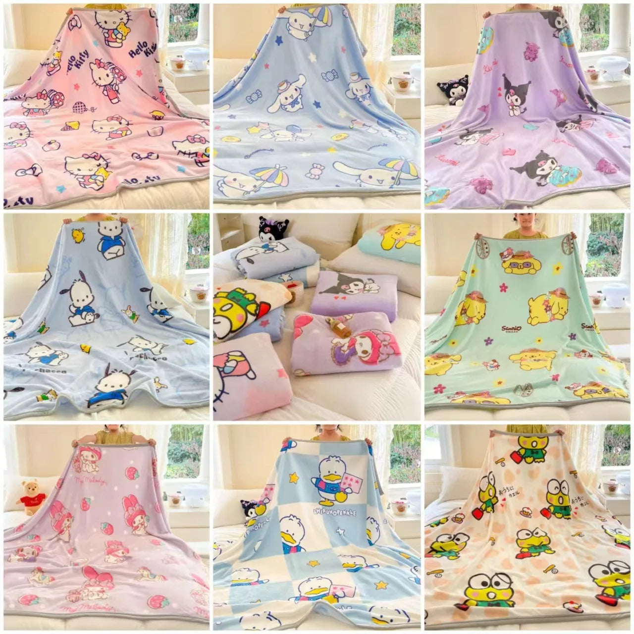 Sanrio Cartoon Milk Plush Blanket – Soft Thickened Throw with Pochacco & Kuromi | Office Nap & Gift Blanket for Kids