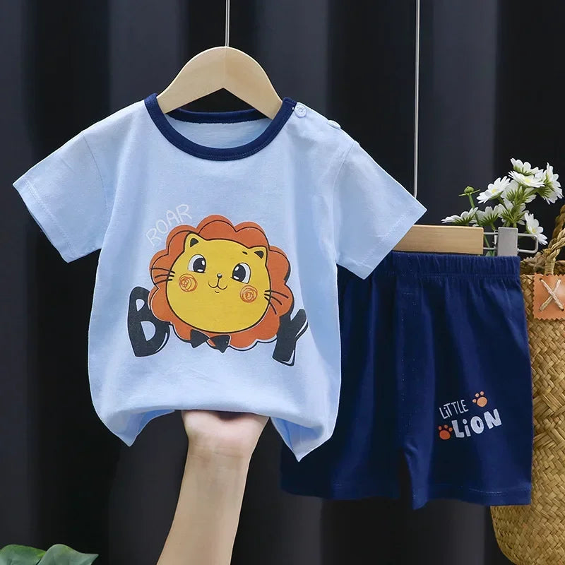 2-Piece Summer Cotton T-Shirt & Shorts Set for Toddlers – Unisex Cartoon Print Outfit