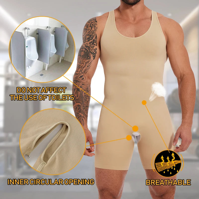 Men’s Sleeveless Full Body Shaper – Compression Bodysuit with Tummy Control & Thigh Slimming | Seamless Shapewear with Open Crotch