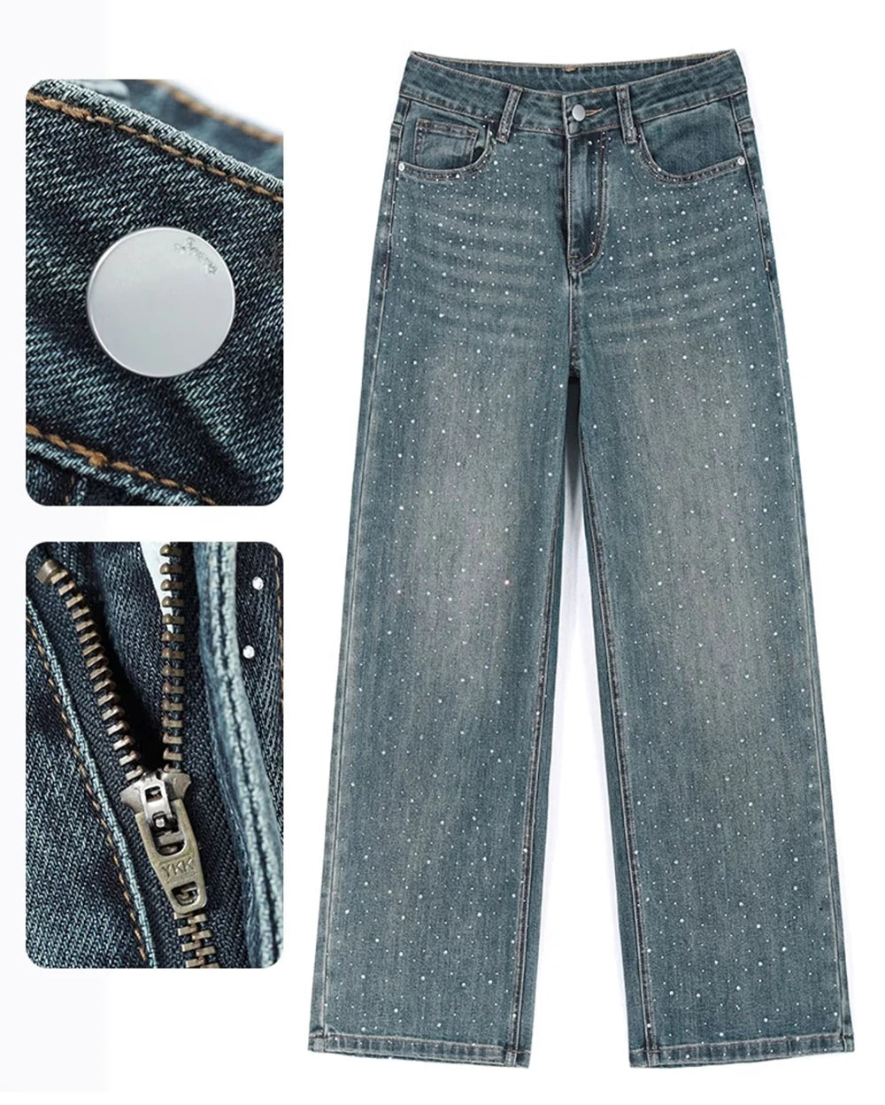 High Waist Loose Hot Stamping Diamond Denim Pants