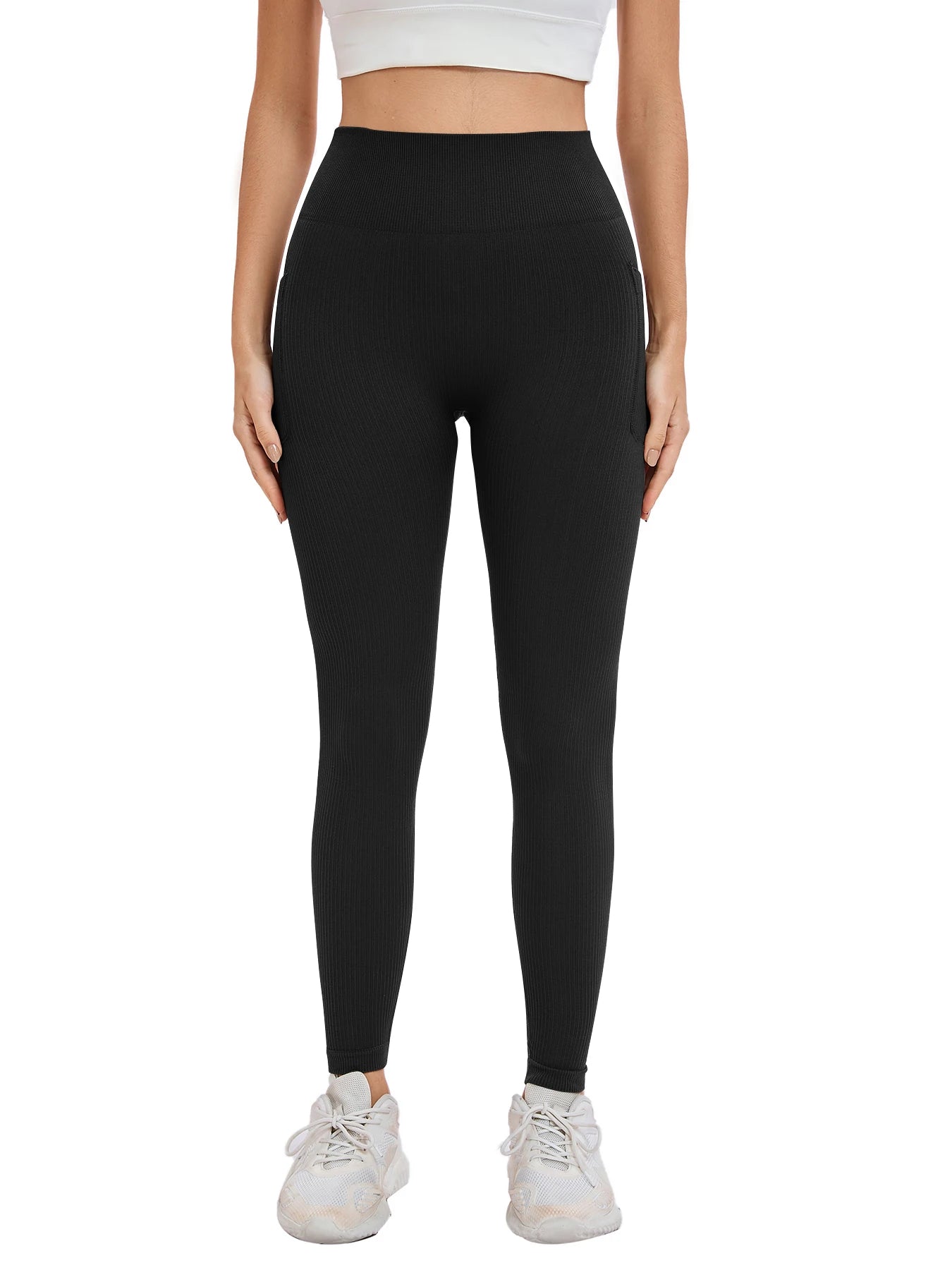 Women’s Seamless Threaded High-Waist Yoga Leggings – Ankle-Length Fitness Pants with Pockets | Stretch Knit Workout Wear