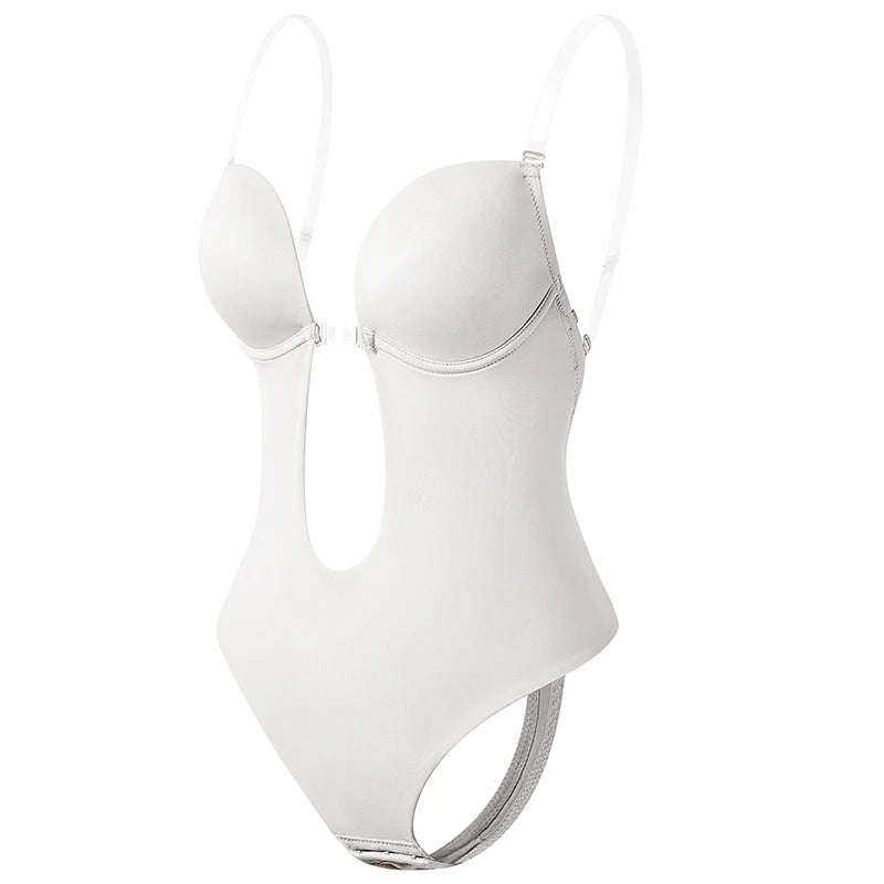Deep V Invisible Shaper Bra Bodysuit – Backless Thong Corset with Push-Up Padded Bra, Clear Straps & Waist Trainer Support